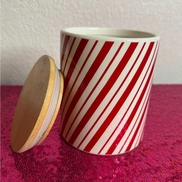 2/for $20 🪩 Peppermint, Candy Cane Striped Ceramic Cookie Jar, Wooden Lid - Picture 5 of 8